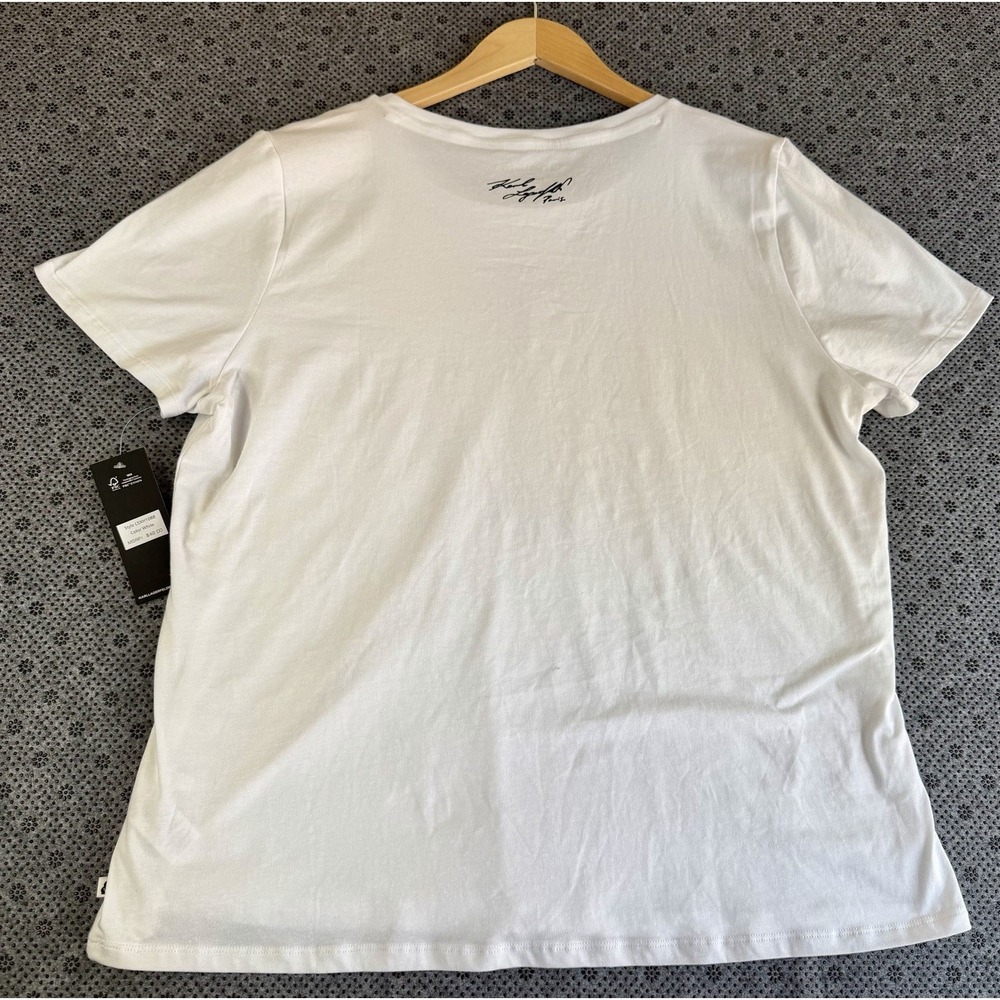 KARL LAGERFELD Womens Blouse XL Love From Paris White Crew Neck Short Sleeve NWT - Picture 9 of 10